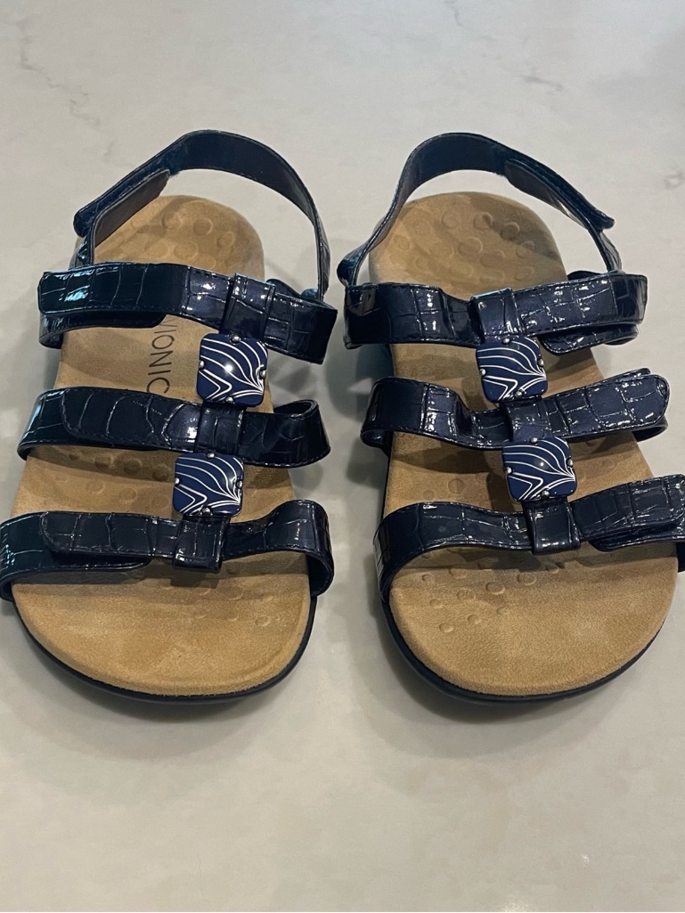 Vionic Navy Patent Multi-Strap Sandal with Patterned Accents - Women's